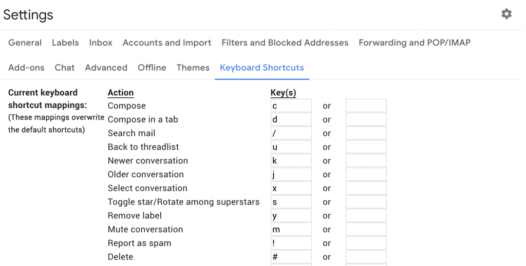 Setting up Gmail custom keyboard shortcuts